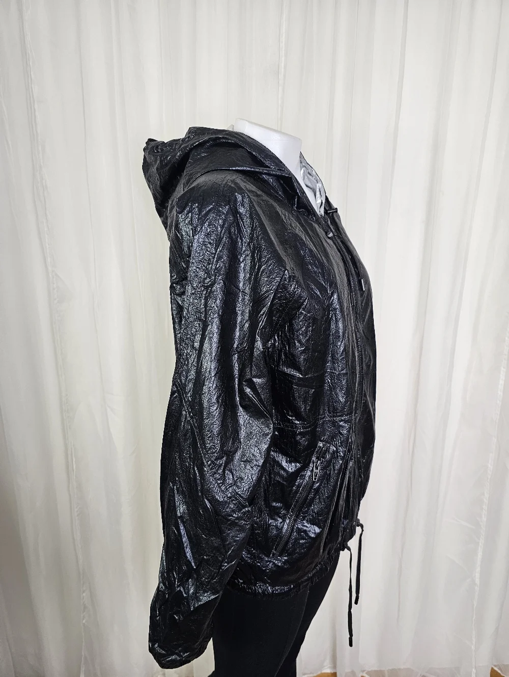 Blank NYC Reversible Shiny Silver Black Metallic Jacket Windbreaker Hood Medium